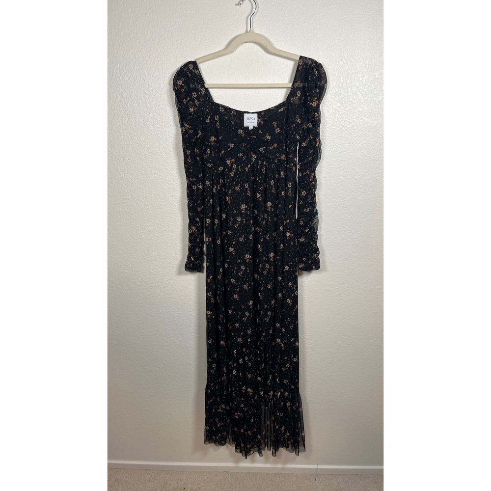 MISA Los Angeles Black Floral Mesh Maxi Dress XS Long Ruched Sleeve High Low Hem